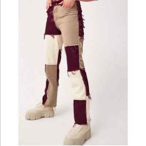 Shein Boho Patchwork Pastel Maroon Raw Hem High Rise Straight Jeans